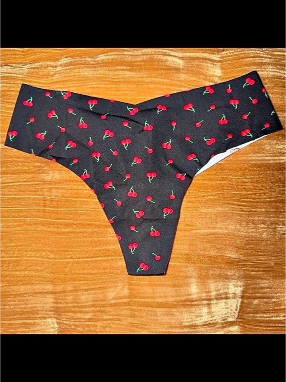 Victoria's Secret Seamless Thong Panty Cherry Print in Black & Red Size Medium